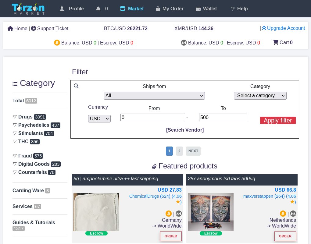 TorZon search filters for darknet products